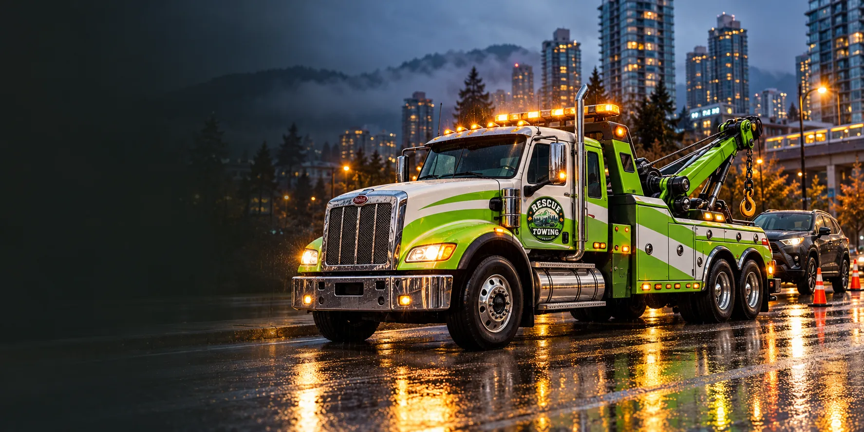 Rescue Towing wrecker with its lights on, beside a towed SUV on a wet Brentwood street below the towers